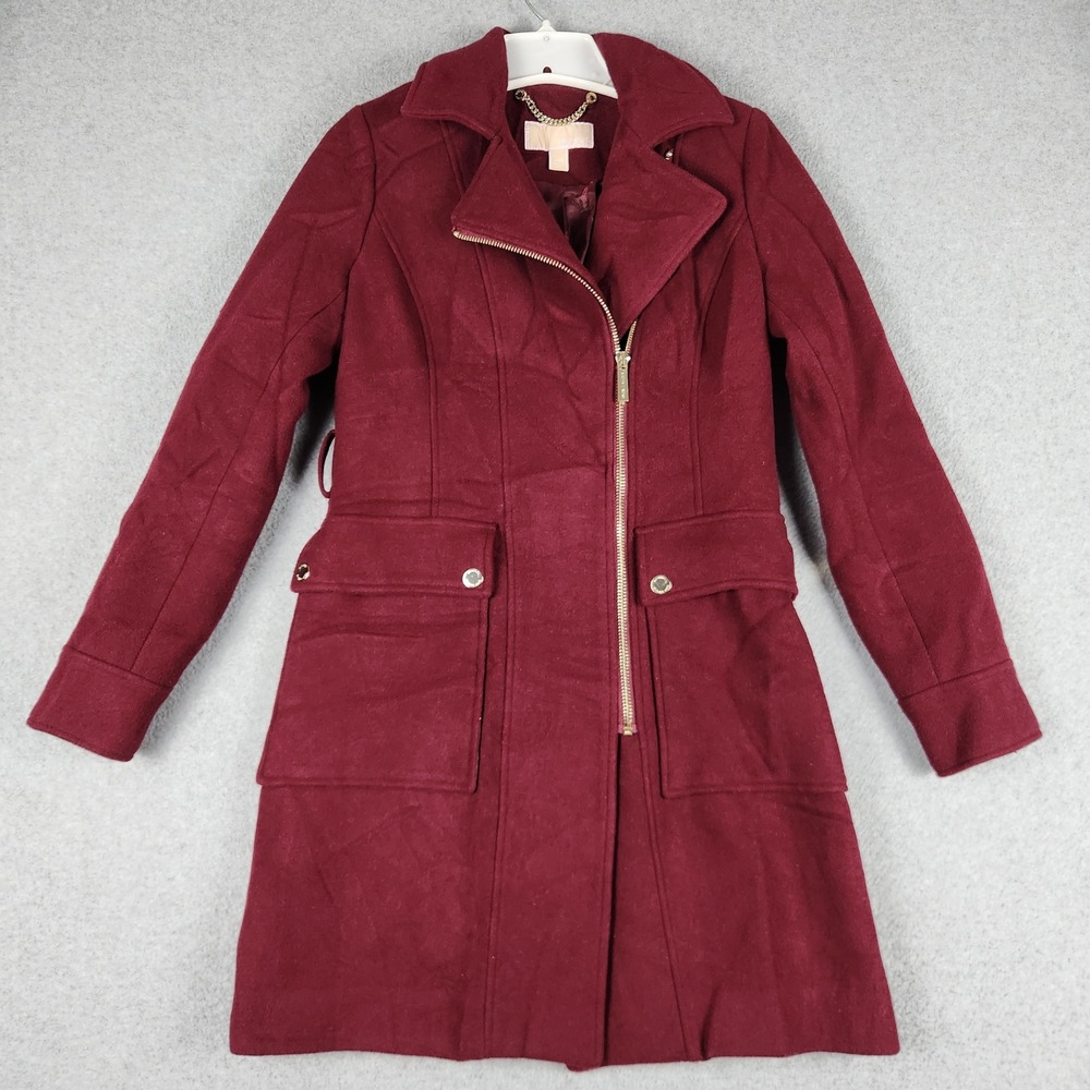 Michael Kors Coat Womens XXS Burgundy Wool Blend Classic Fit Asymmetrical Zip